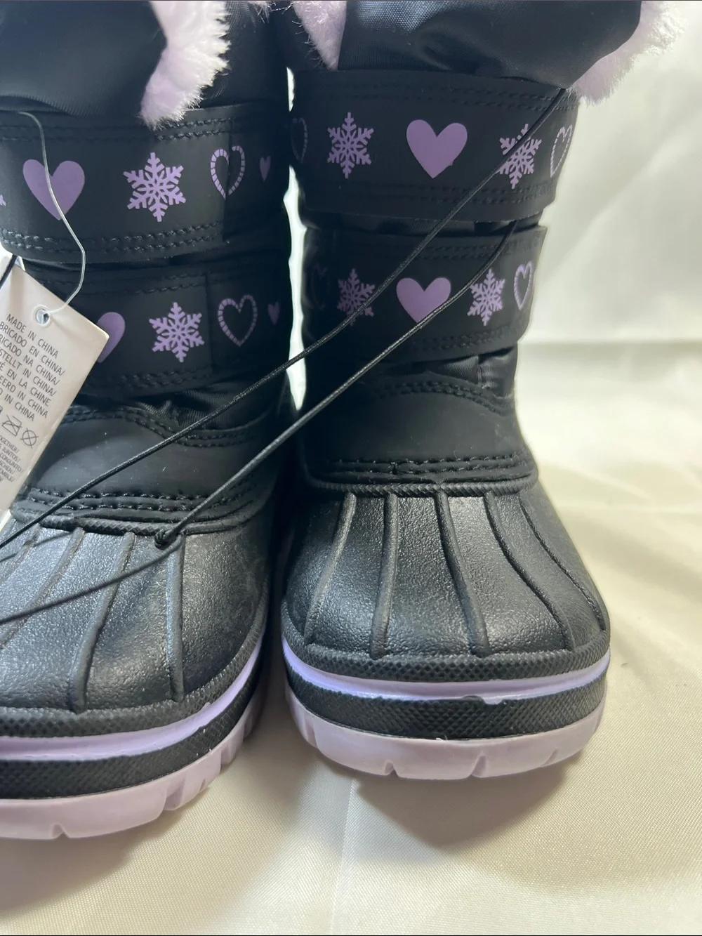 Kids Black & Lilac Snow Boots with Heart Accents